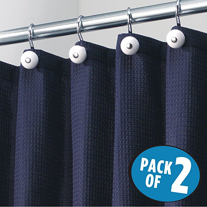 mDesign Hotel Quality Polyester/Cotton Blend Fabric Shower Curtain, Rustproof Metal Grommets - Waffle Weave for Bathroom Showers and Bathtubs - 72" x 72", Pack of 2, Navy Blue