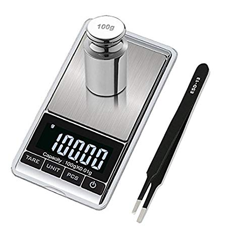 Premium Digital Mini Scale, 0.001oz/0.01g 100g Jewelry Pocket Scale, Precision Portable Grams Scale with 100g Calibration Weight and Tweezer, Tare, 7 Units, Stainless Steel, Batteries Included