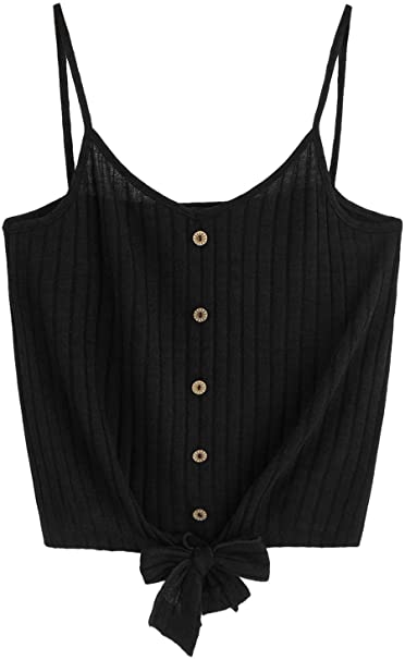 SheIn Women's V Neck Tie Knot Front Ribbed Knit Sleeveless Cami Tank Crop Top