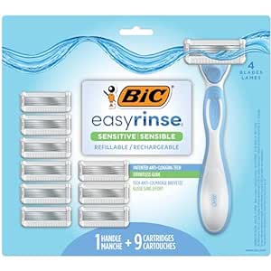 BIC EasyRinse Sensitive Anti-Clogging, Refillable Women's Razors With 4 Blades, 1 Handle and 9 Refill Razor Cartridges Razor Kit