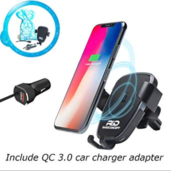 randconcept 10W Wireless Charger for Qi-Enabled Phones – Car Mount Gravity Air Vent Fast Phone Holder - Compatible for Samsung Galaxy S9 S8 S7 Edge iPhone X Xs R 8 (with Quick Charge 3.0 USB Adapter)
