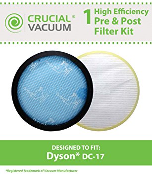 Dyson Washable Pre-Filter & Non-Washable Post-Motor HEPA Filter Fits ALL Dyson DC-17 Vacuum Cleaner Models; Compare to Dyson Pre-Motor Filter Part # 911236-01 & Post-Motor Filter Part # 911235-01; Designed & Engineered By Crucial Vacuum