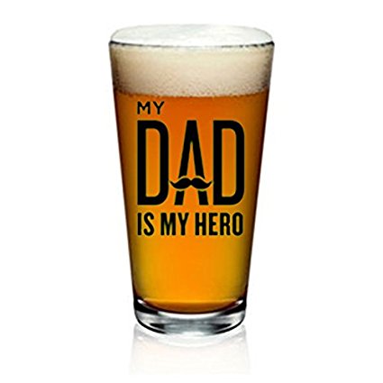 Dad is My Hero Fun Beer Glass for Men Husband Brother Friend gift idea from mom son daughter 16 oz Pint Glass for Beer and Drinks