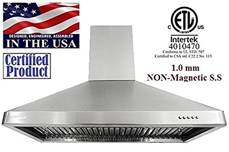 XtremeAir Ultra Series UL02-W36, 36" wide, LED lights, Baffle Filters W/ Grease Drain Tunnel, 1.0mm Non-Magnetic Stainless Steel Seamless Body, Wall Mount Range Hood