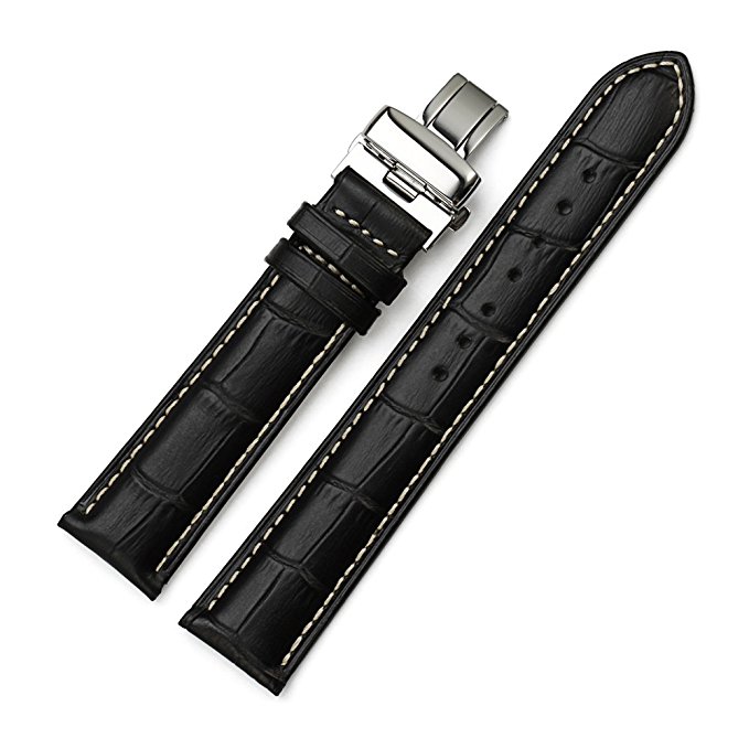 iStrap 21mm Alligator Grain Cow Leather Watch Band Strap W/ Butterfly Deployment Buckle Black 21