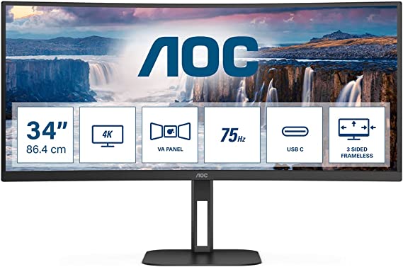 AOC CU34V5C - 34 Inch Curved QHD Monitor, 100Hz, VA, USB-C Docking, 65W power delivery, USN Hub, Height Adjust, Speakers (3440 x 1440 @ 100Hz, 300 cd/m² , HDMI 2.0/ DP 1.2 / USB-C 3.2 DP alt mode)