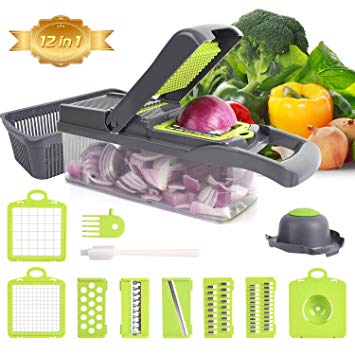 Mandolines Vegetable Choppers Slicer - XREXS 12 in 1 Multifunction Veggie Slicer Manual Mandolin Slicer for Veggie Salad, Fruit Salad, Household Kitchen Cutter Manual, Quick Cut for Onion, Potato