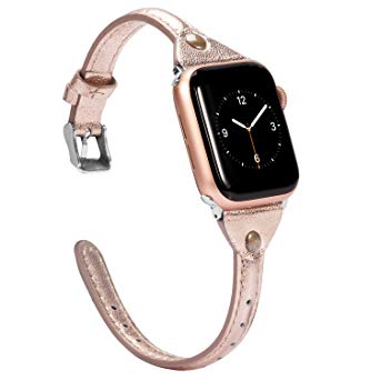 Wearlizer Rose Gold Thin Leather Compatible with Apple Watch Bands 38mm 40mm iWatch Womens Narrow Strap with Rivet Slim Sleek Stylish Cute Dressy Wristband (Silver Clasp) Series 4 3 2 1 Edition Sport