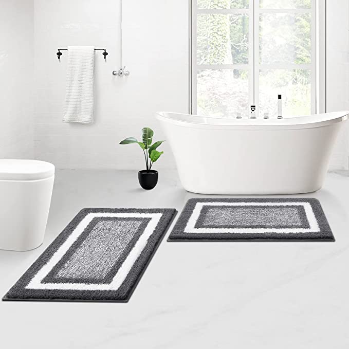 KMAT Bathroom Rugs and Mats Sets,2 PCS Ultra Soft Microfiber Non-Slip Bath mat,Machine Washable and Quick Dry Shower Rugs Floor Carpet Mat for Bathroom,Tub and Shower(26"x18" 32"x20",Dark Grey)