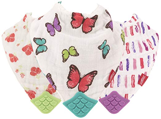 Nuby Reversible 100% Natural Cotton Muslin 3 Piece Teething Bib, Pink/Aqua/Purple, Flower/Butterfly/Stripes