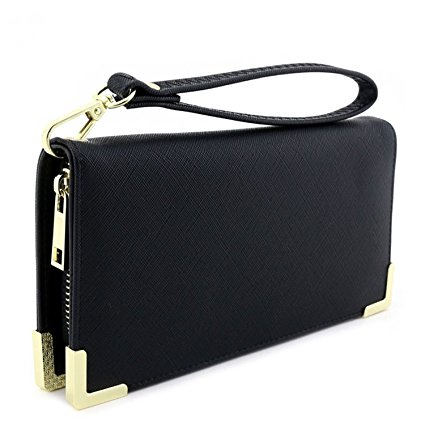 Faux Saffiano Leather Wallet Wristlet with Gold Hardware Edges