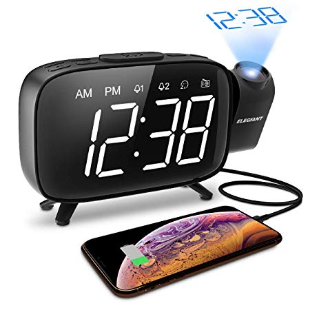 ELEGIANT Projection Alarm Clock, FM Radio Alarm Clock, 6.0'' LED Curved-Screen Display with Dimmer 180° Adjustable Dual Alarm, 12/24Hour, Battery Backup, 7 Alarm Sounds with USB Charger for Bedroom