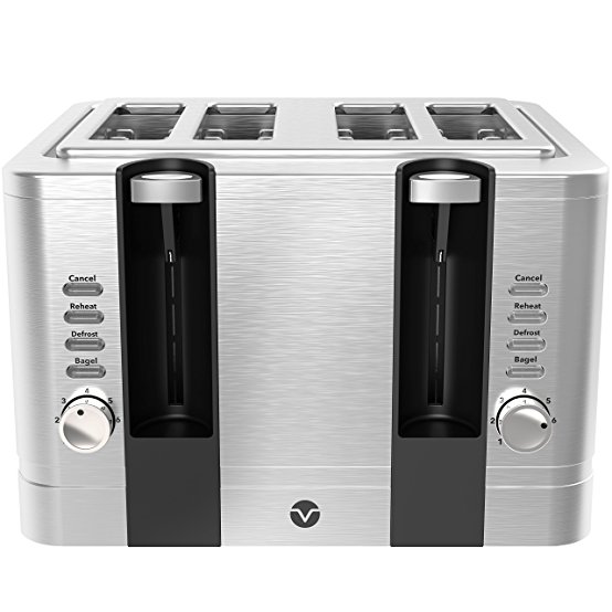 Vremi 4 Slice Toaster - Stainless Steel Wide Slots Removable Crumb Tray Adjustable Temp Control with Toast Defrost Reheat Pop Up for Large Bread Slices - Cool Retro Bagel Toasters - Silver and Black