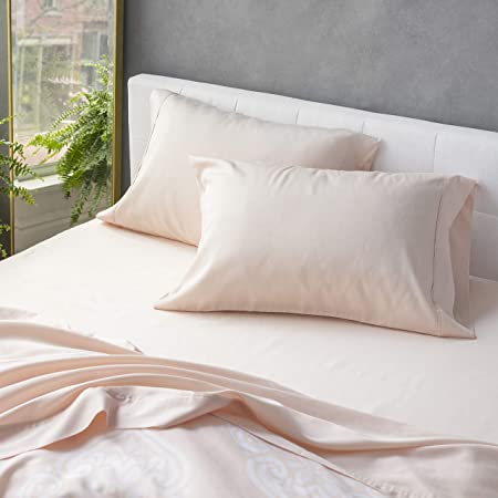 Welhome 300 Thread Count Queen Size Cotton Tencel Lyocell Sateen Sheet Set - 4 Piece - Supersoft & Smooth - Luxurious Feel - Sustainable - Breathable - Deep Pocket - Blush