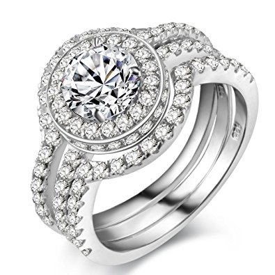Newshe Jewellery 5CT Triple Round White CZ 925 Solid Sterling Silver Engagement Wedding Band Ring Sets