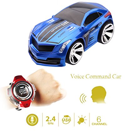 Buenotoys Rechargeable Voice Control Toy Vechile Race Car Voice Command by Smart Watch Creative Voice-activated Remote Control RC Car （Blue）