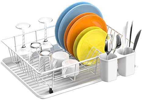 Dish Drying Rack, Packism Dish Rack with Drain Board, Utensil Holder, Anti Rust Dish Drainer for Kitchen Counter Top Dish Rack Wire Holder, White, 16.5 x 12.4 x 4.3 inch