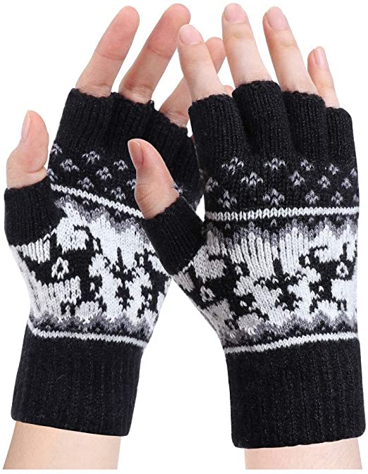 Fingerless Gloves - Womens Winter Warm Gloves Half-finger Wool Mittens Cold Weather Windproof Outdoor Sports Driving, Skiing, Running Gift for Family