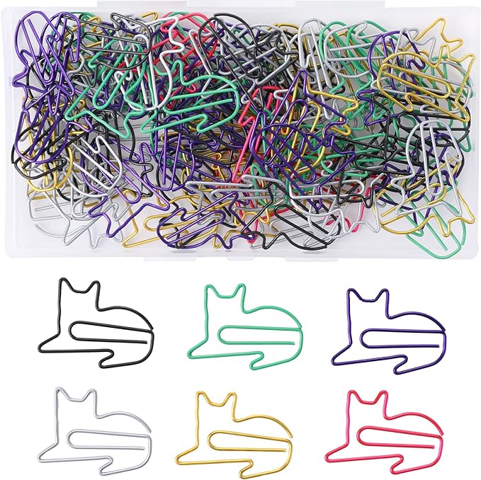 100 Pcs Large Cat Paper Clips Cute Animal Shaped Paperclip 6 Colors Creative Funny Memo Clips for Kids Adorable Bookmarks Office Supplies Gifts for Women Men Cat Lovers