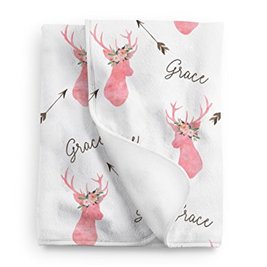 Personalized Deer Fleece Baby Girls Blanket, Woodland nursery décor