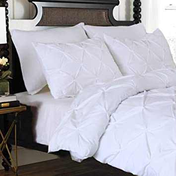 Elegant Comfort 3 Piece Pinch-Pleated Button Closure, Wrinkle-Resistant Ultra-Soft Microfiber Duvet Cover Set, Luxurious Pintuck Décor, King/California King, Snow White