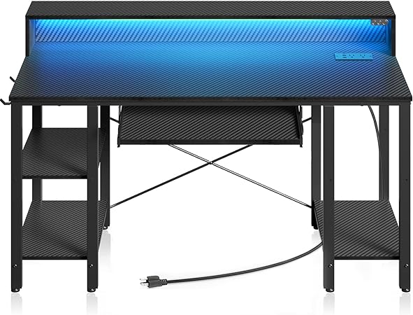 Rolanstar Computer Desk with LED Lights & Power Outlets, 55” Gaming Desk with Storage Shelves, Home Office Desk with Keyboard Tray & Monitor Stand, with Hooks, Carbon Fiber Surface Black