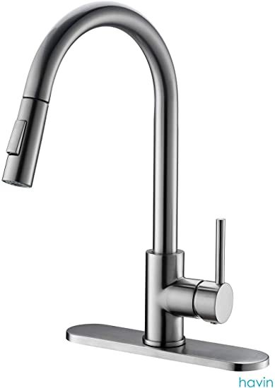 Havin HV602 Brass Material Kitchen Sink Faucet with Pull down Sprayer,Brushed Nickel Color,Fit for 1 Hole and 3 Holes Deck Mount,with 10" deck plate