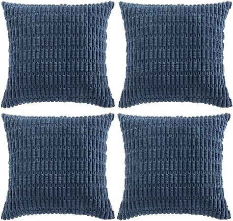 Fancy Homi 4 Packs Dusty Blue Decorative Throw Pillow Covers 18x18 Inch for Living Room Couch Bed Sofa, Rustic Farmhouse Boho Home Decor, Soft Plush Striped Corduroy Square Cushion Case 45x45 cm