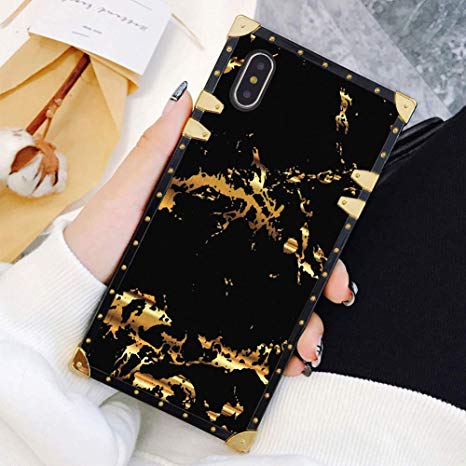 Square Case Compatible iPhone Xs Max Gold Black Marble Luxury Elegant Soft TPU Full Body Shockproof Protective Case Metal Decoration Corner Back Cover iPhone Xs Max Case 6.5 Inch