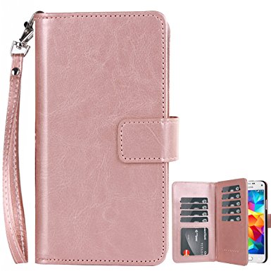 Galaxy S5 Case,S5 case, BENTOBEN Samsung Galaxy S5 Wrist Strap Wallet Case PU Leather Book Style Multiple Card Slots Cash Pocket with Magnetic Closure Case Cover for Samsung Galaxy S5 Rose Gold