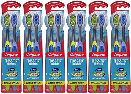 Colgate 360 Total Advanced Floss-Tip Slim Toothbrush, Soft - 2 Count (Pack of 6) (Assorted colors)