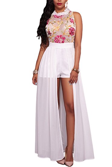 Dokotoo Womens High Neck Sleeveless Embroidery Evening Romper Maxi Long Dresses