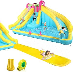 JOYMOR Inflatable Water Slide with 20FT Lawn Water Slide for Kids 3-10, Backyard Kids Water Slide w/Pool, Water Gun, Ring-Toss, Blow Up Water Slide w/Sprinkler, Bodyboard (750w Air Blower)