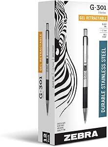 Zebra Pen G-301 Retractable Gel Ink Pen, Stainless Steel Barrel, Medium Point, 0.7mm, Black Ink, 12-Pack