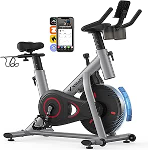 MERACH Exercise Bike, Brake Pad Stationary Bike with Exclusive App, Low Noise Indoor Cycling Bike with 300lbs Weight Capacity, Tablet Mount and Fitness Courses for Weight Loss