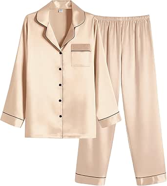 Ekouaer Women Satin Pajamas Set Classic Button Down Long Pjs Set