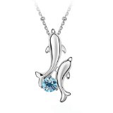 White Gold Plated Happy Play Dolphins with Round Swarovski Cubic Zirconia Crystal Necklace Fashion Jewelry for Women