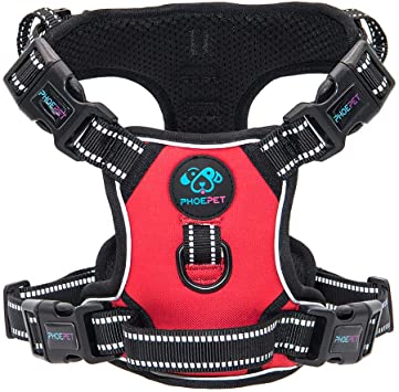 PHOEPET Updated No Pull Dog Harness Reflective Puppy Vest  Training Handle  2 Metal Hooks  4 Snap Buckles  4 Slide Buckles [Easy to Put on & Take Off]