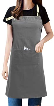 AIYUE Adjustable Bib Apron with 2 Pockets Women Men Aprons for Kitchen Chef Cafe Cooking BBQ Gardening with Cat Embroidery and Bells, Gray (32" x24")