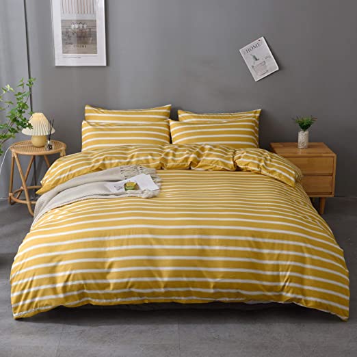 M&Meagle 3 Pieces Yellow Duvet Cover Stripe Set with Zipper Closure,100% Microfiber Fabric,Luxury Hotel Quality Bedding-Queen Size(1 Duvet Cover 2 Pillowcases)