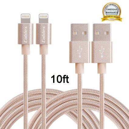 Cablex(TM)2Pack 10FT Extra Long Nylon Braided 8 Pin Lightning to USB Charging Cable Cord with Aluminum Heads for iPhone 6/6s/6 plus/6s plus, 5c/5s/5, iPad Air/Mini, iPod Nano/Touch (Gold)