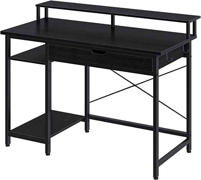 Rolanstar Computer Desk with Monitor Shelf and Drawer, 47" Home Office Writing Desk, Study Table Workstation,Stable Metal Frame, Business Style, Black