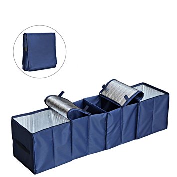 Collapsible Car Trunk Organizer, Cozyswan Fabric Auto Trunk Storage Container Foldable Multi 4 Compartments Fabric Storage Basket and Cooler & Warmer Set, Blue