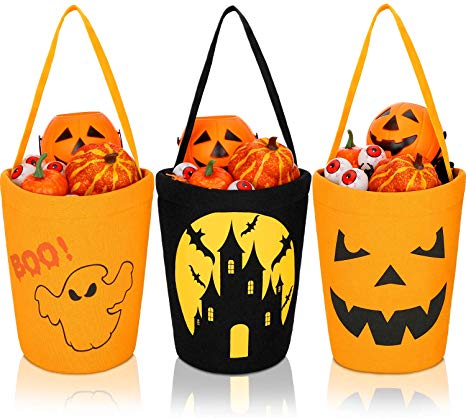 3 Pieces Halloween Buckets Canvas Trick or Treat Baskets Jack-O-Lantern Bags Ghost Pumpkin Castle Pattern Baskets for Carrying Candies And Gifts