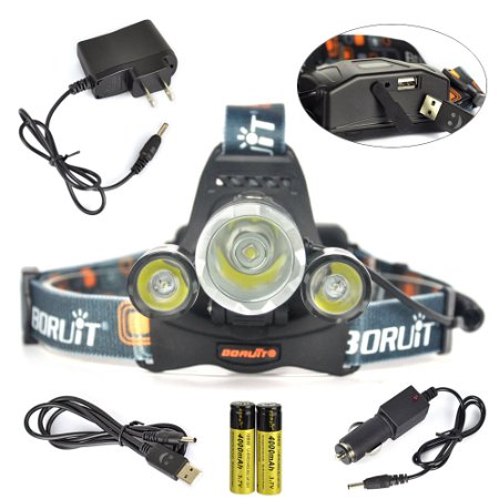 Boruit 3 LED 5000 Lumens Headlamp Flashlight 4 Modes LED for Running Sprinter Hiking Reading Bike Suit Hunting and Fishing Lighting with USB Output FunctionAC ChargerCar Charge218650 Rechargeable BatteryUSB Charging Cable