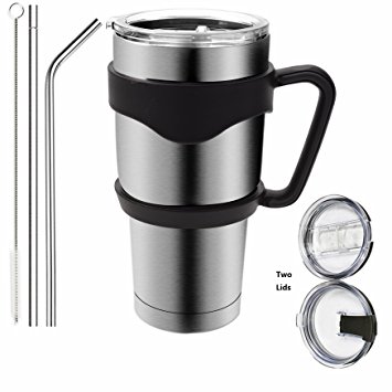 ECBUY 30 oz Insulated Tumbler Travel Mug, Double Wall Vacuum Insulated Thermal Stainless Steel Cup Bundle with Handle, 2 Lids, 2 Straws, Cleaning Brush
