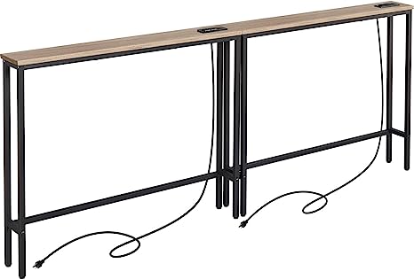 ELYKEN 2 Pack 5.9" Narrow Console Sofa Table with Power Outlets, 5.9" Dx39.4 Wx31.1 H Long Couch Table with Metal Frame and Charge Station with 6.5’ Extension Cord, Greige