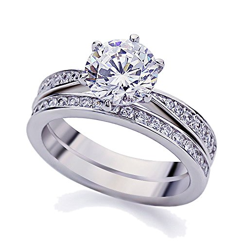 Platinum Plated Sterling Silver 2ct Round CZ Vintage 2pcs Engagement Ring Bridal Set ( Size 5 to 9 )