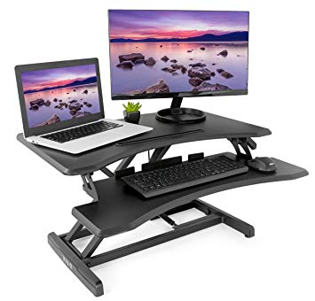 VIVO Black Height Adjustable Standing Desk Monitor Riser Workstation | 33" Sit Stand Ergonomic Tabletop Converter (DESK-V000N)