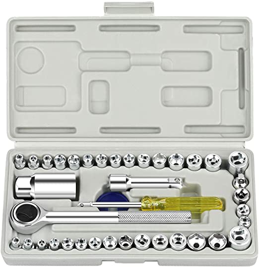 Xpassion 40 Piece Ratcheting Socket Wrench Set - Metric and Standard 6-Point Hex Socket Organizer Kit with Combination Torque and Insulated Handles